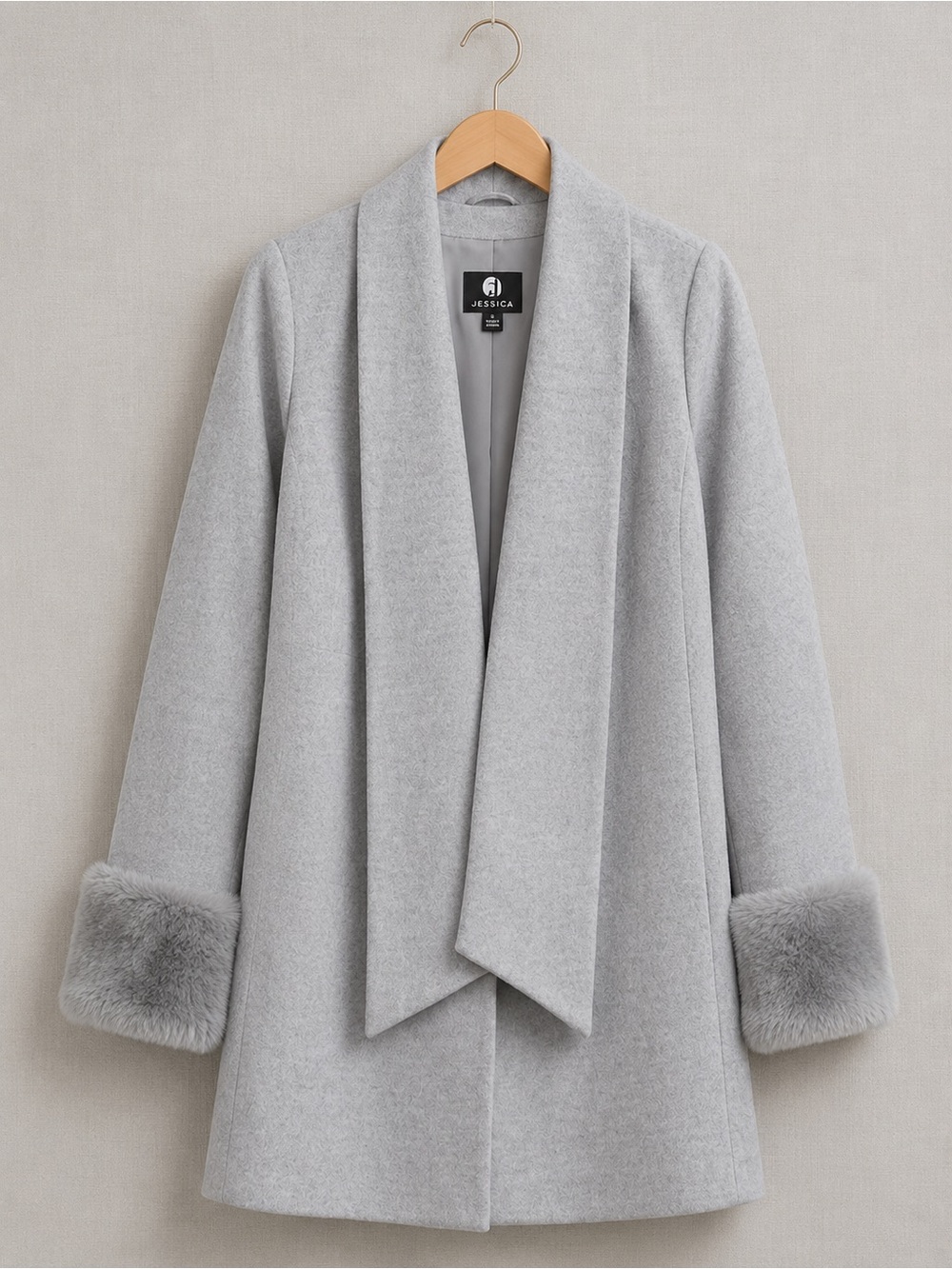 Jessica Light Gray Plush-Cuff Shawl Collar Robe Jacket